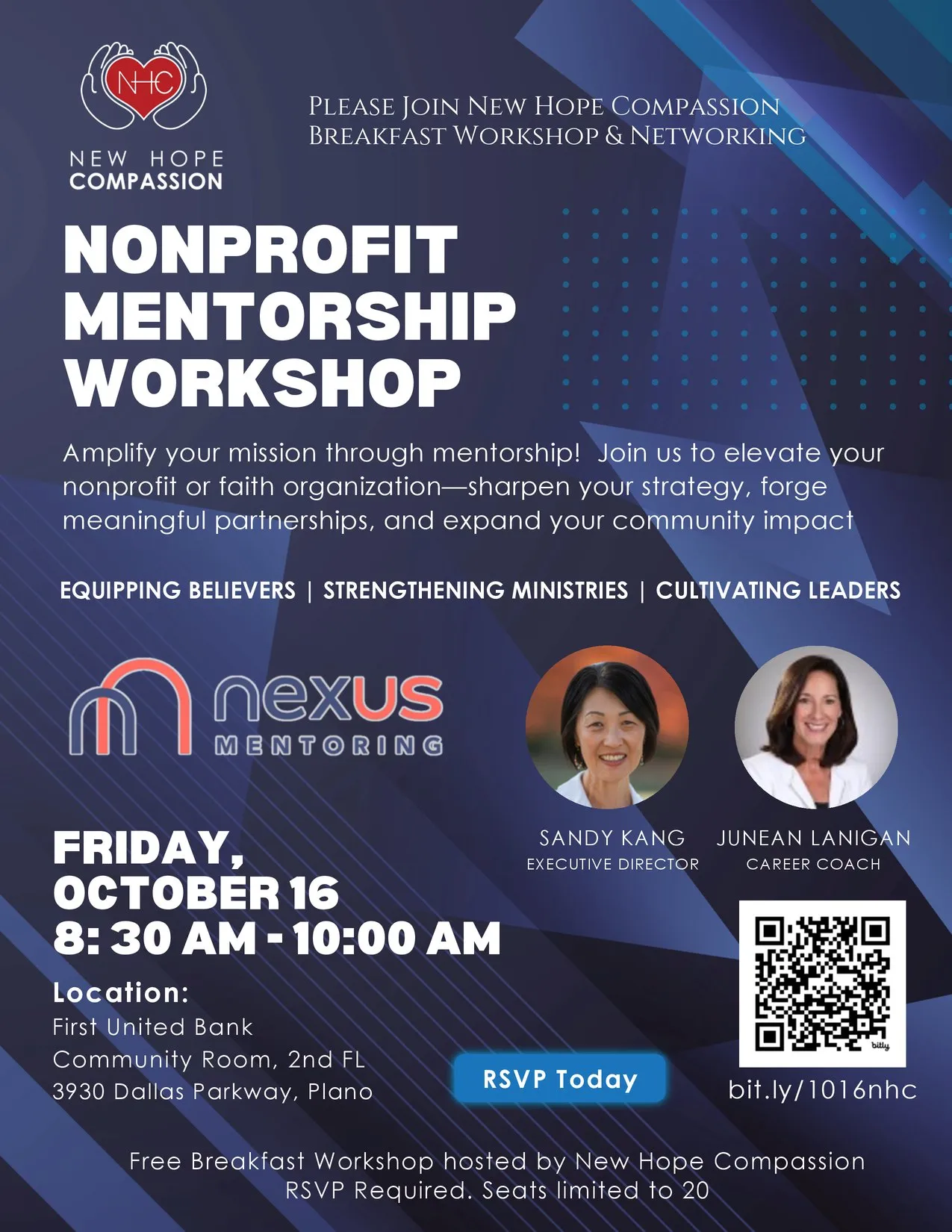 Flyer: New Hope Compassion Nonprofit Mentorship Workshop with Nexus Mentoring, Friday October 16, 8:30 to 10 AM, First United Bank Community Room, 3930 Dallas Parkway, Plano. Free breakfast workshop, RSVP required, seats limited to 20.
