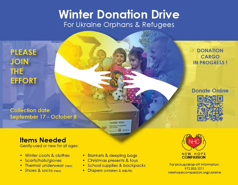 New Hope Compassion winter donation drive poster for Ukraine.
