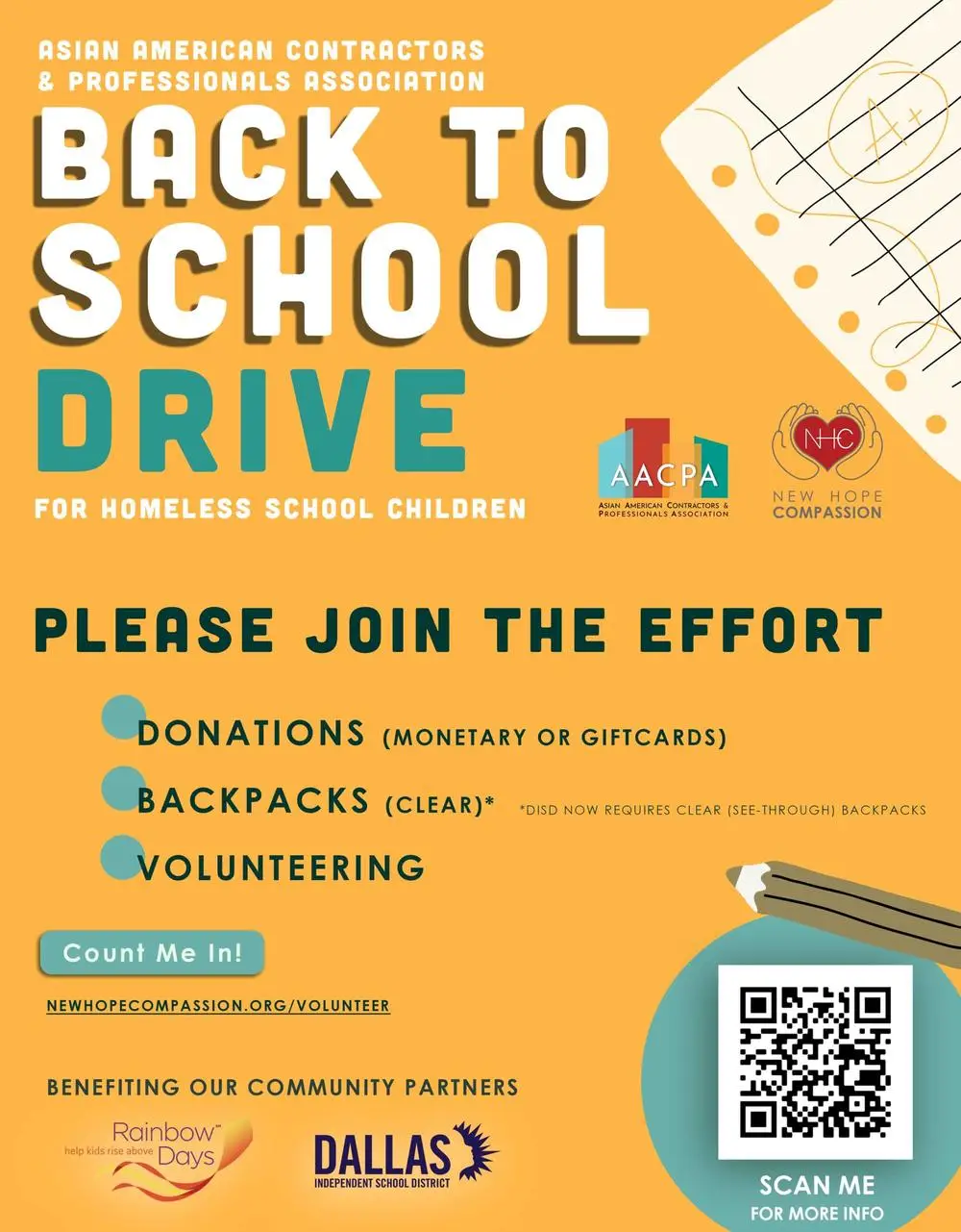 New Hope Compassion Back-to-School Backpack Drive poster.